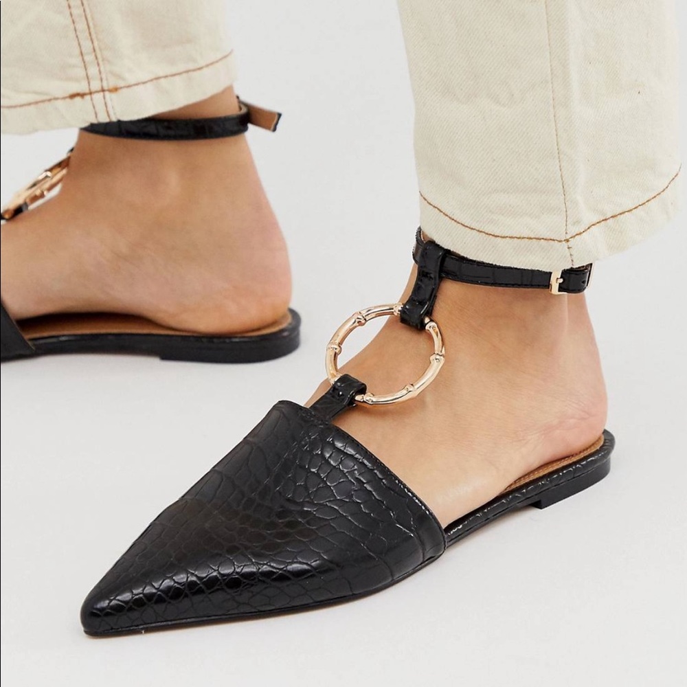 ASOS black sandals that buckle around ankle